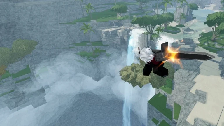 A white-haired Strikeborn fighter leaps above a waterfall with a glowing sword.